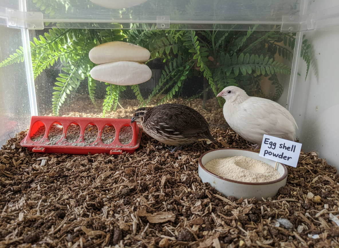 Quails eating a 2 part feed system